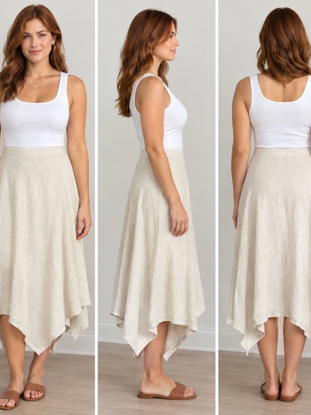 Cato Boho Cream Asymmetrical Linen-Blend Midi Skirt Women’s Size 8